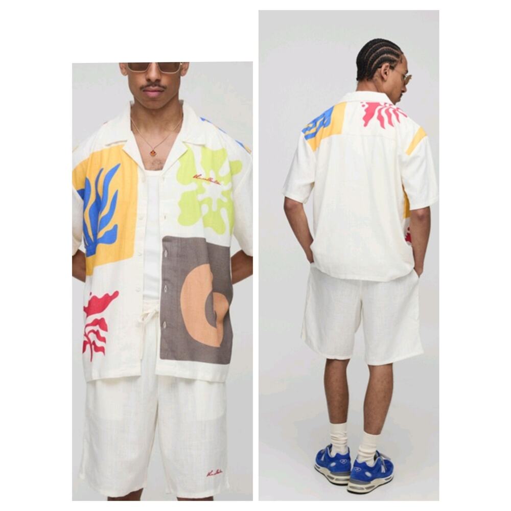 M926) Boohoo Man Abstract Linen Blend Oversized Button Down Shirt XL